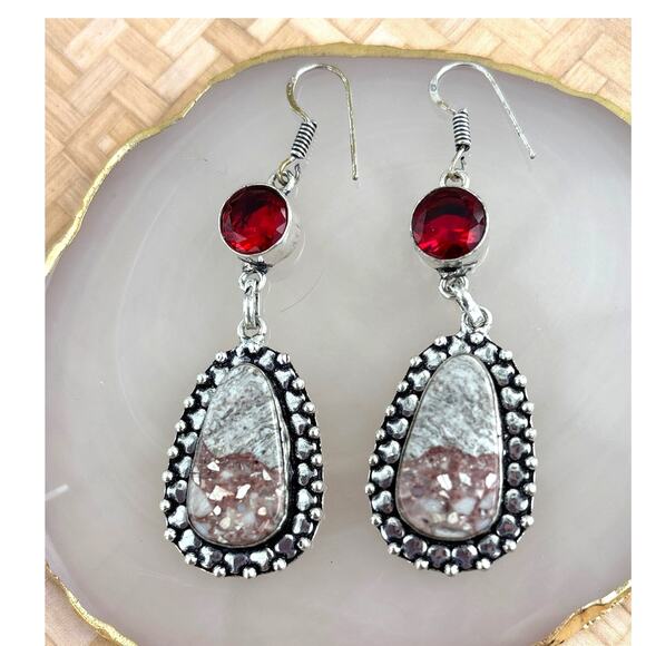 925 Sterling Leopard Skin Jasper & Garnet Earrings - Picture 2 of 6